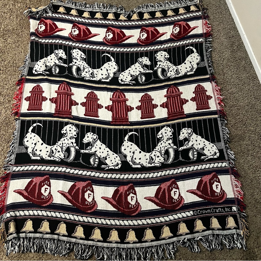 Vintage Crown Crafts Firefighter Fireman Dalmation Dogs Tapestry Blanket Throw